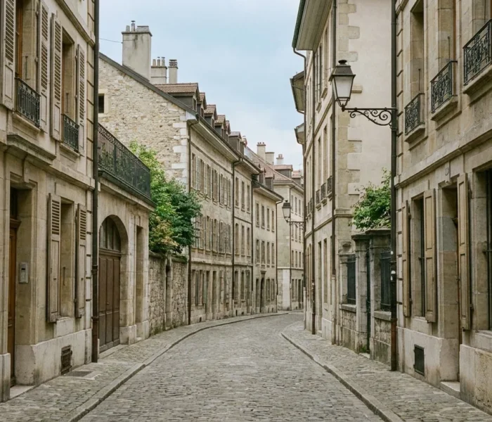 Ruelle pavée de la Vieille-Ville de Genève, façades 19e siècle