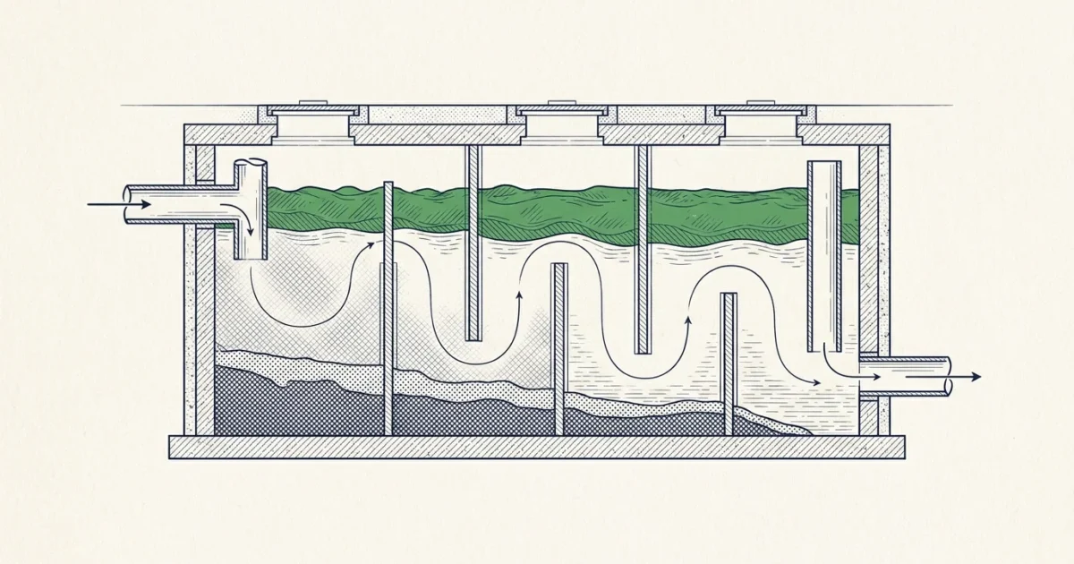 Illustration en coupe : séparateur à graisses de restaurant, couche de graisse flottante et boues décantées