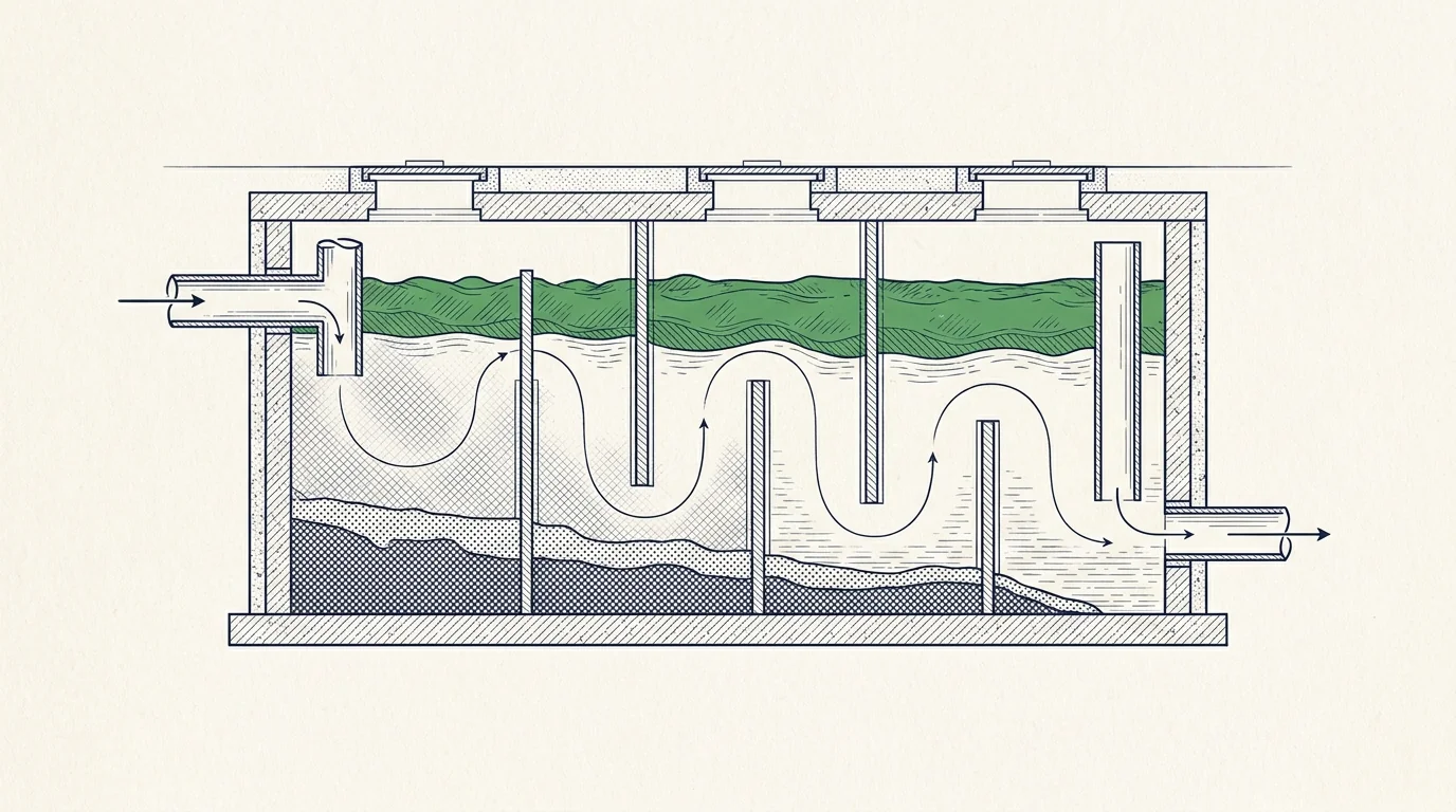 Illustration en coupe : séparateur à graisses de restaurant, couche de graisse flottante et boues décantées