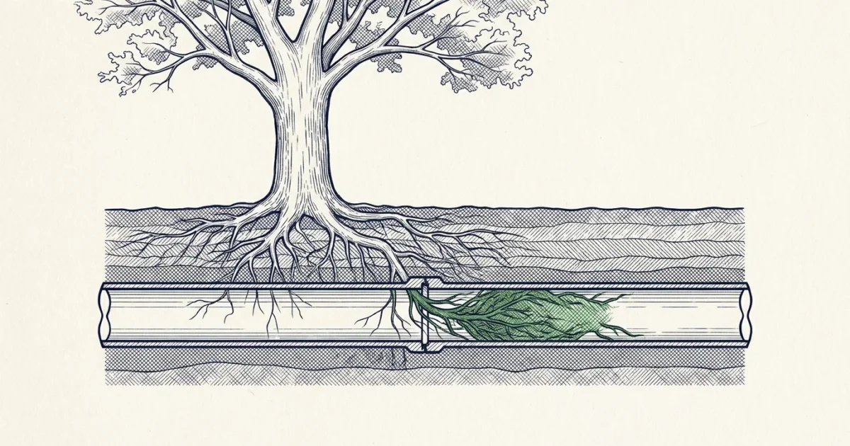Illustration en coupe : racines d'arbre pénétrant dans une canalisation enterrée par un joint