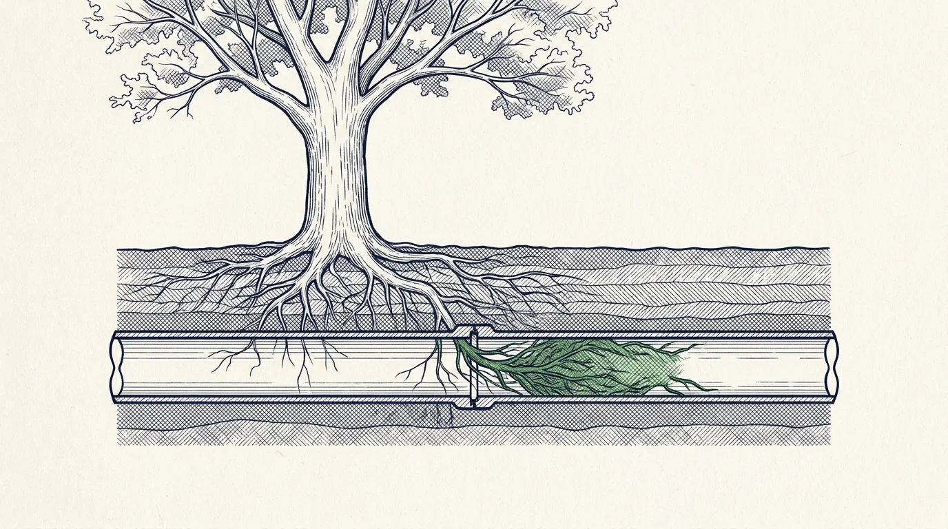 Illustration en coupe : racines d'arbre pénétrant dans une canalisation enterrée par un joint