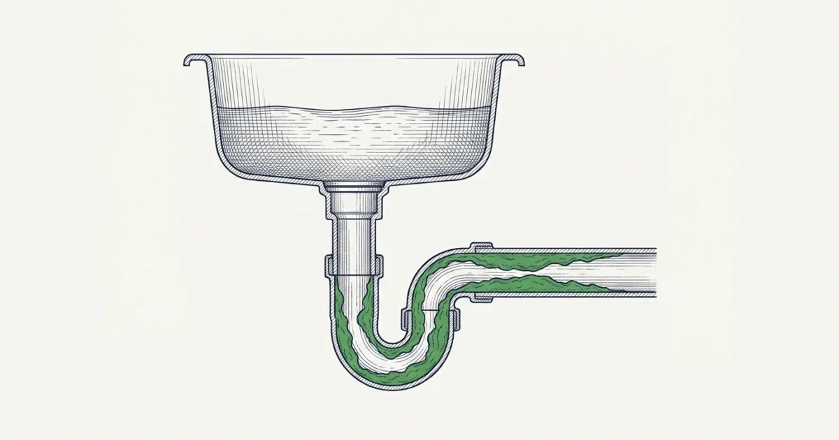 Illustration en coupe : dépôt de graisse obstruant le siphon et la conduite d'évacuation d'un évier de cuisine