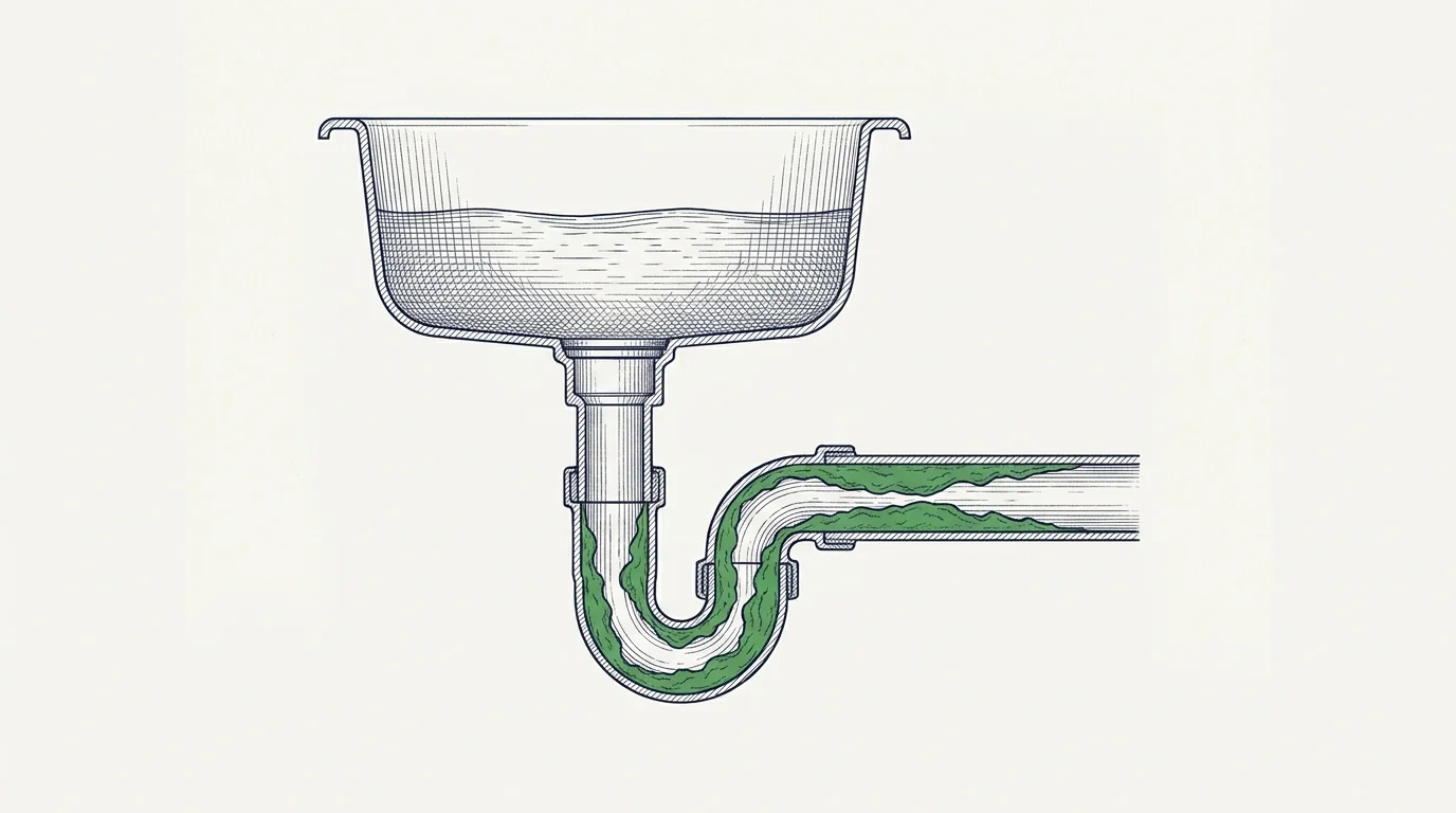 Illustration en coupe : dépôt de graisse obstruant le siphon et la conduite d'évacuation d'un évier de cuisine