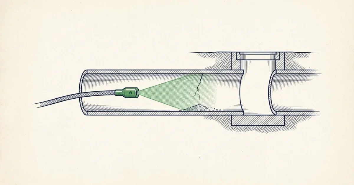Illustration en coupe : tête de caméra d'inspection éclairant la paroi d'une canalisation