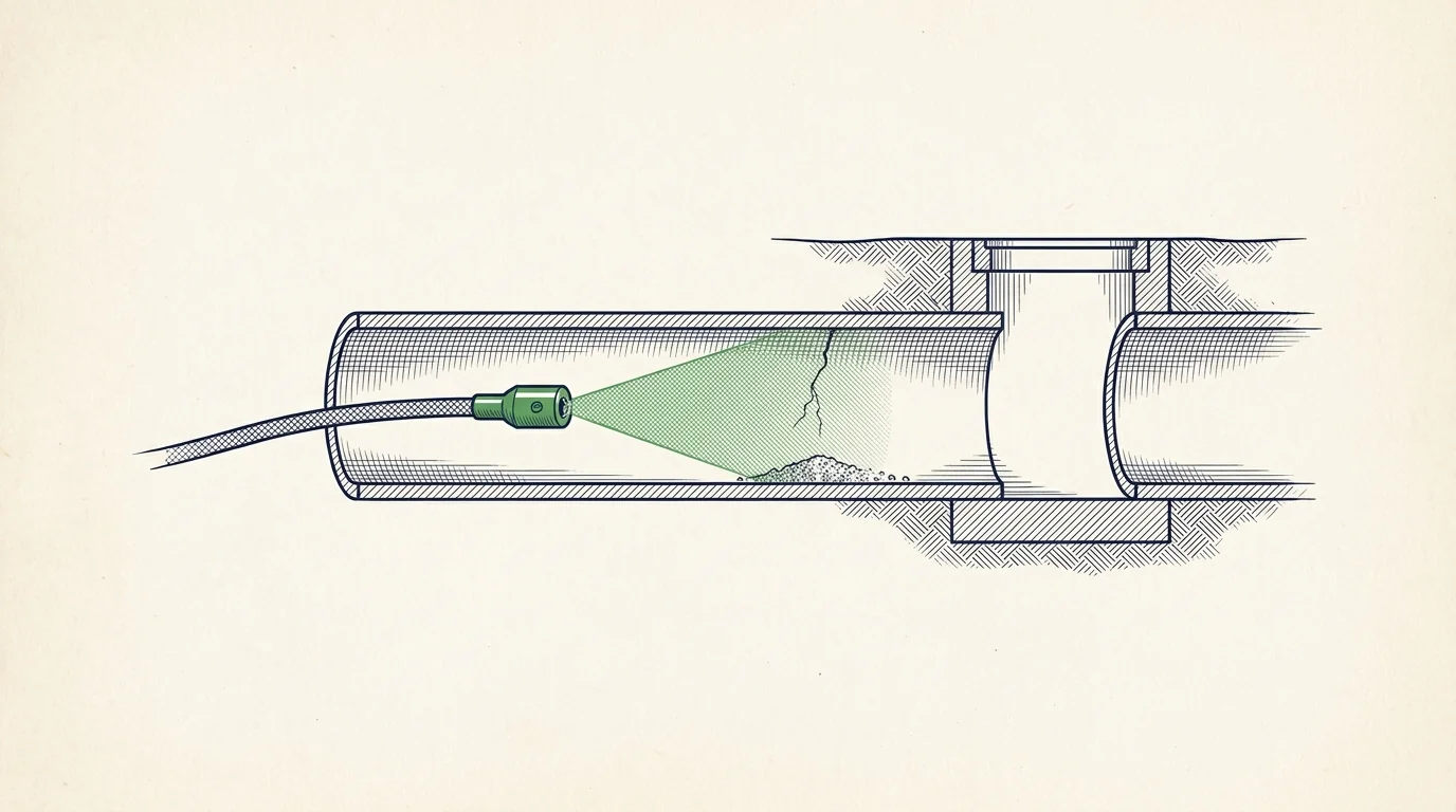 Illustration en coupe : tête de caméra d'inspection éclairant la paroi d'une canalisation