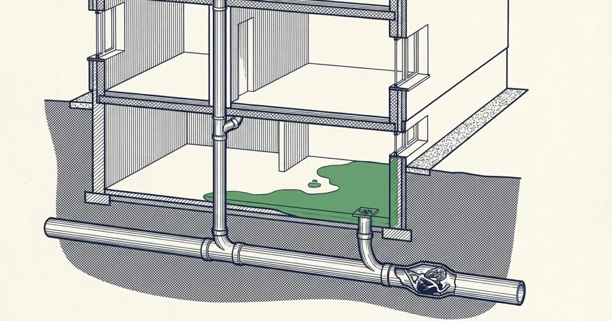 Illustration en coupe d'un immeuble : eaux usées refoulant par le siphon de sol du sous-sol à cause d'un bouchon dans le collecteur