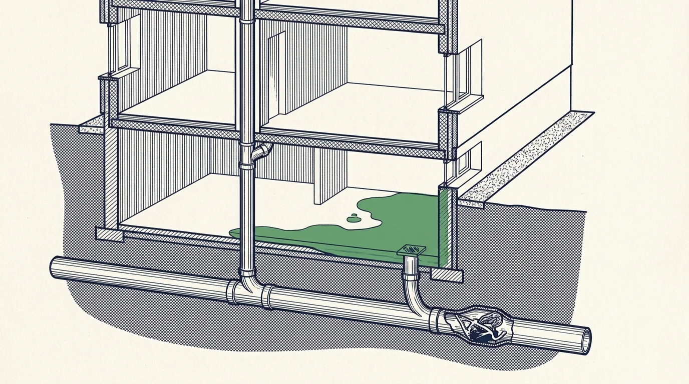 Illustration en coupe d'un immeuble : eaux usées refoulant par le siphon de sol du sous-sol à cause d'un bouchon dans le collecteur