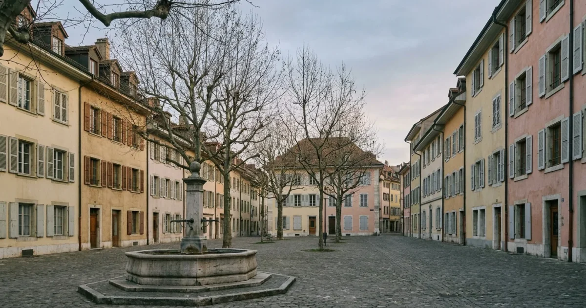 Place du Marché de Carouge avec ses façades pastel d'inspiration sarde et sa fontaine