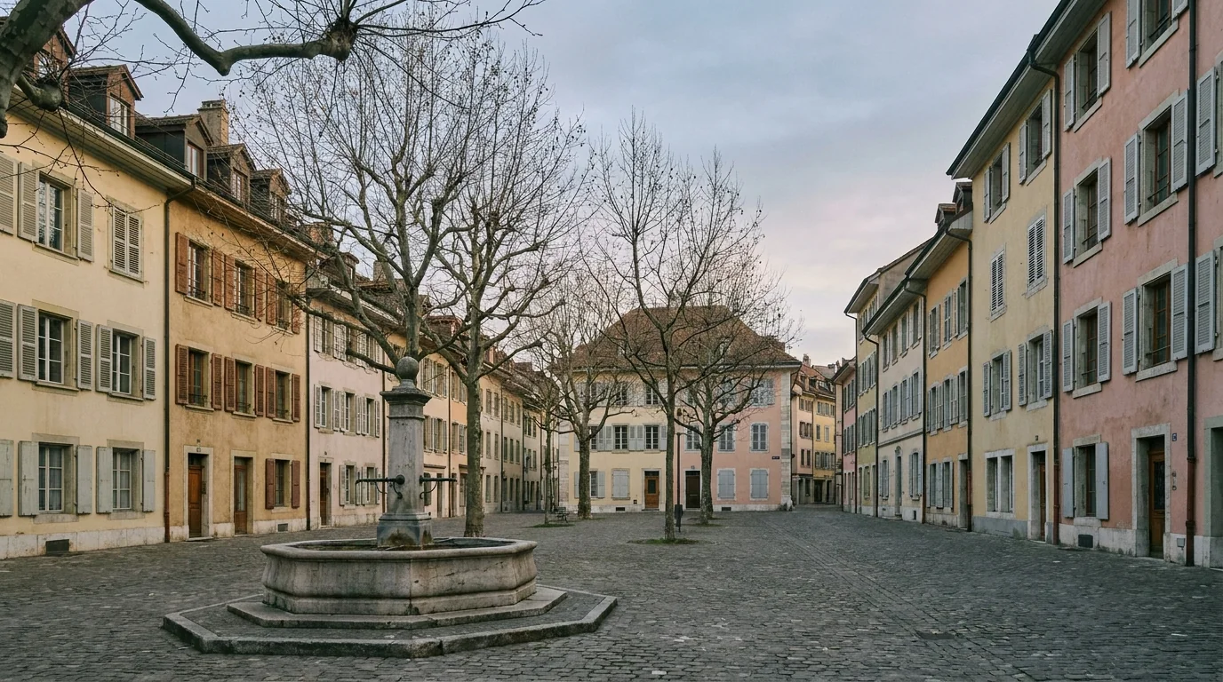 Place du Marché de Carouge avec ses façades pastel d'inspiration sarde et sa fontaine