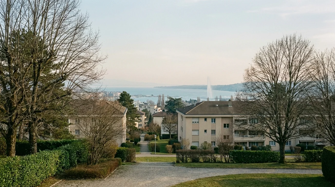 Vue depuis le Grand-Saconnex vers le lac Léman et le Jet d'Eau au loin