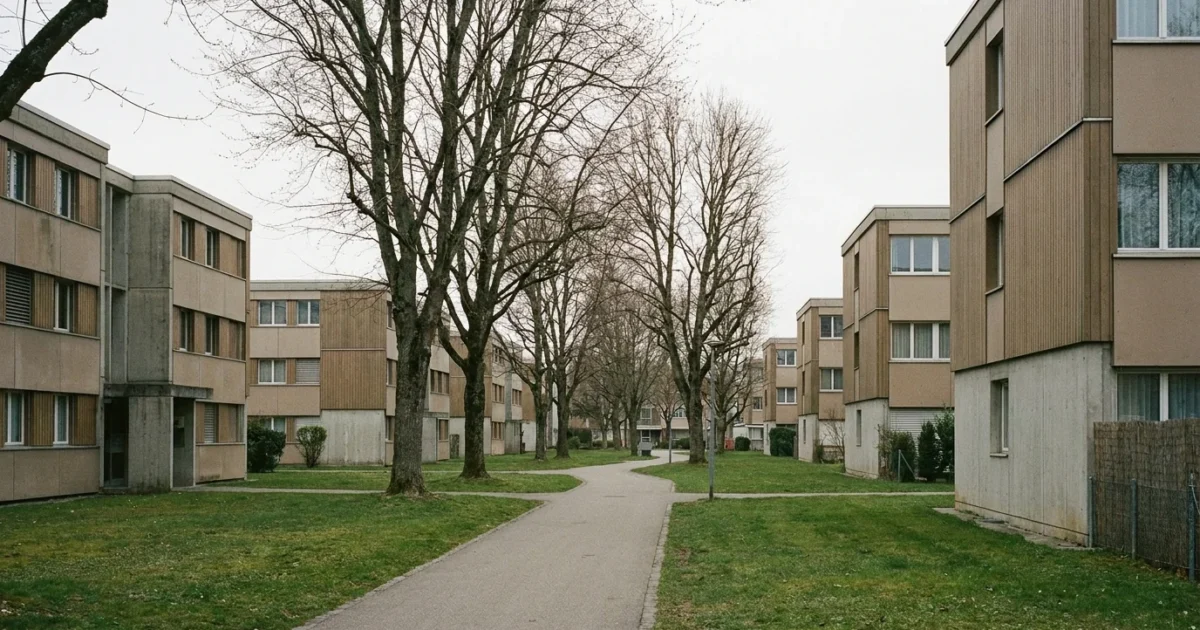 Architecture moderniste calme de la cité-jardin de Meyrin avec arbres et perspective