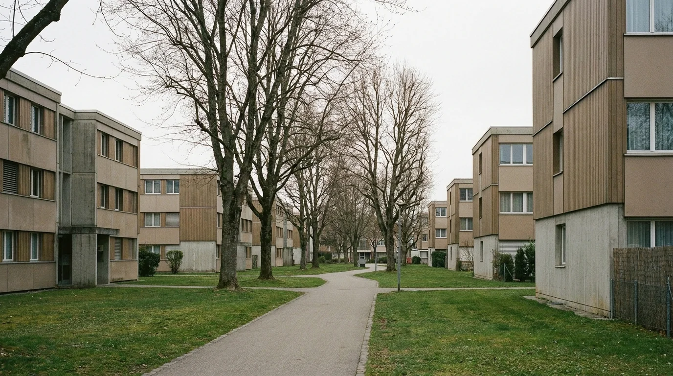 Architecture moderniste calme de la cité-jardin de Meyrin avec arbres et perspective