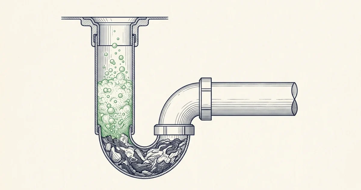 Illustration en coupe : réaction bicarbonate-vinaigre en surface du siphon, bouchon intact plus bas