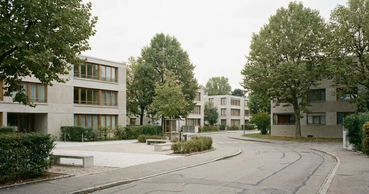 Rue résidentielle calme d'Onex avec immeubles modernistes et square