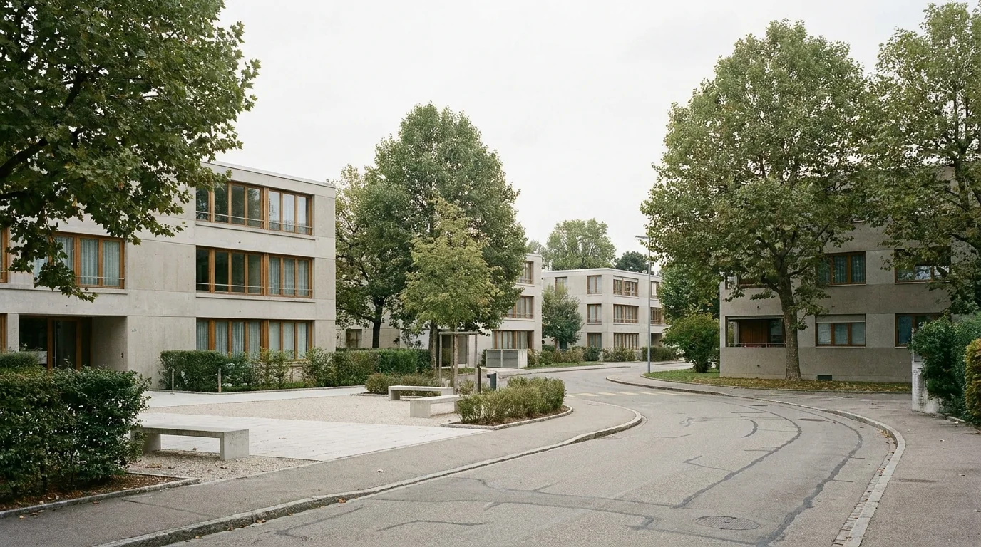 Rue résidentielle calme d'Onex avec immeubles modernistes et square