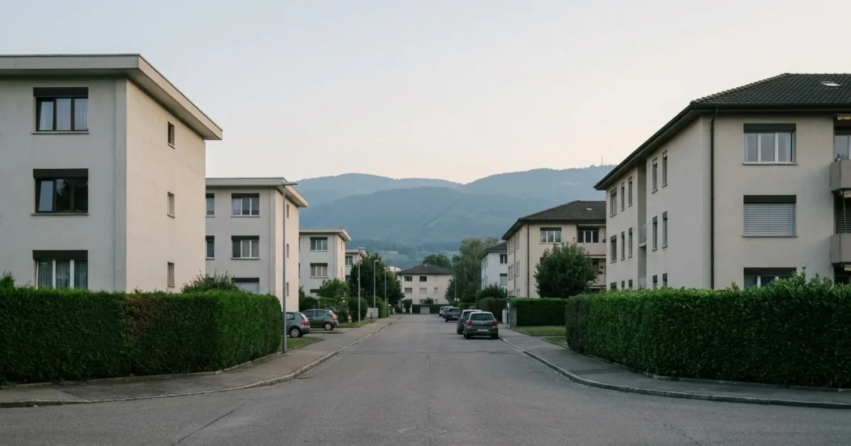 Rue résidentielle calme de Thônex avec petits immeubles et haies soignées