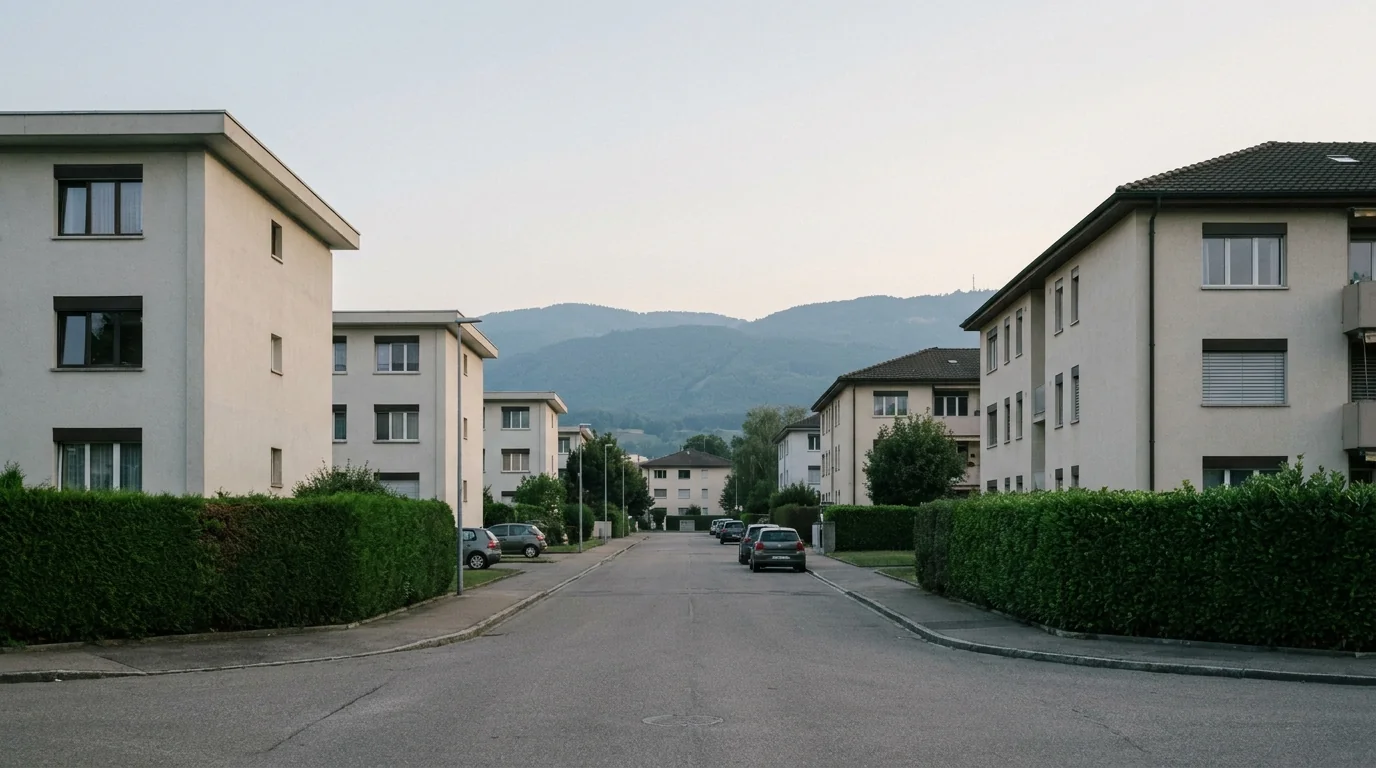 Rue résidentielle calme de Thônex avec petits immeubles et haies soignées