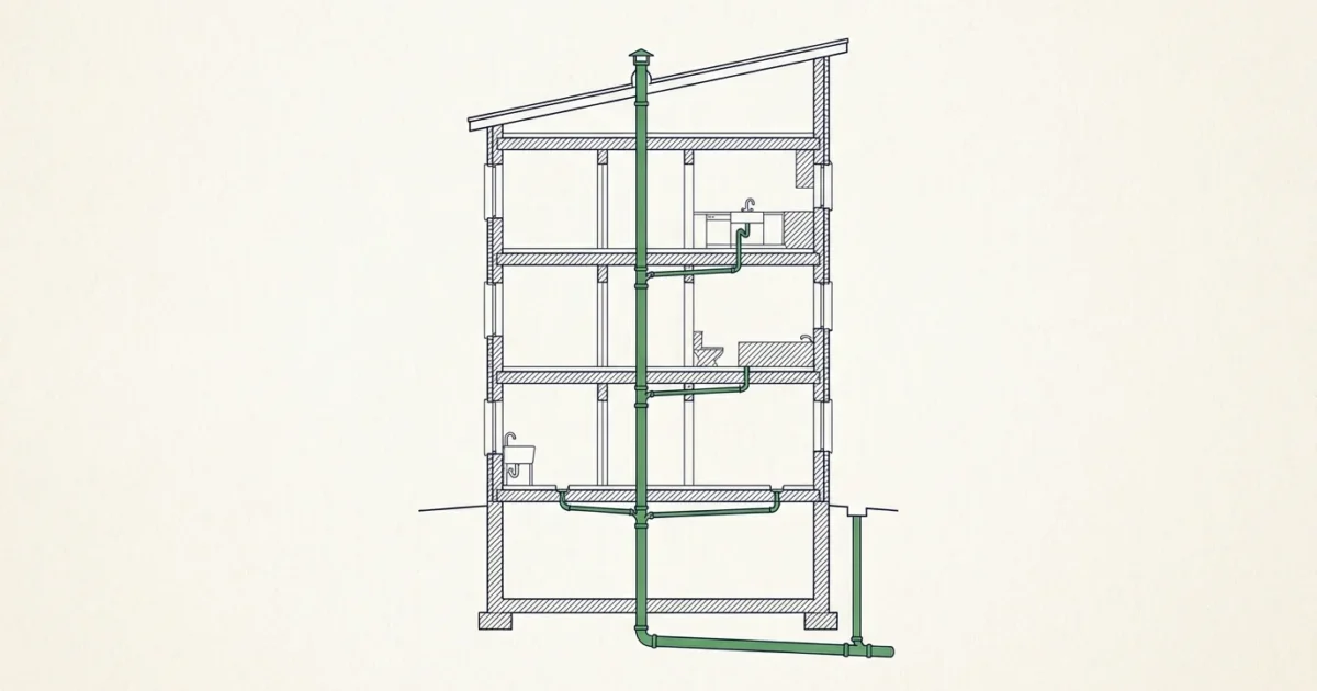 Illustration en coupe d'un immeuble : colonne de chute desservant tous les étages, du toit au collecteur enterré