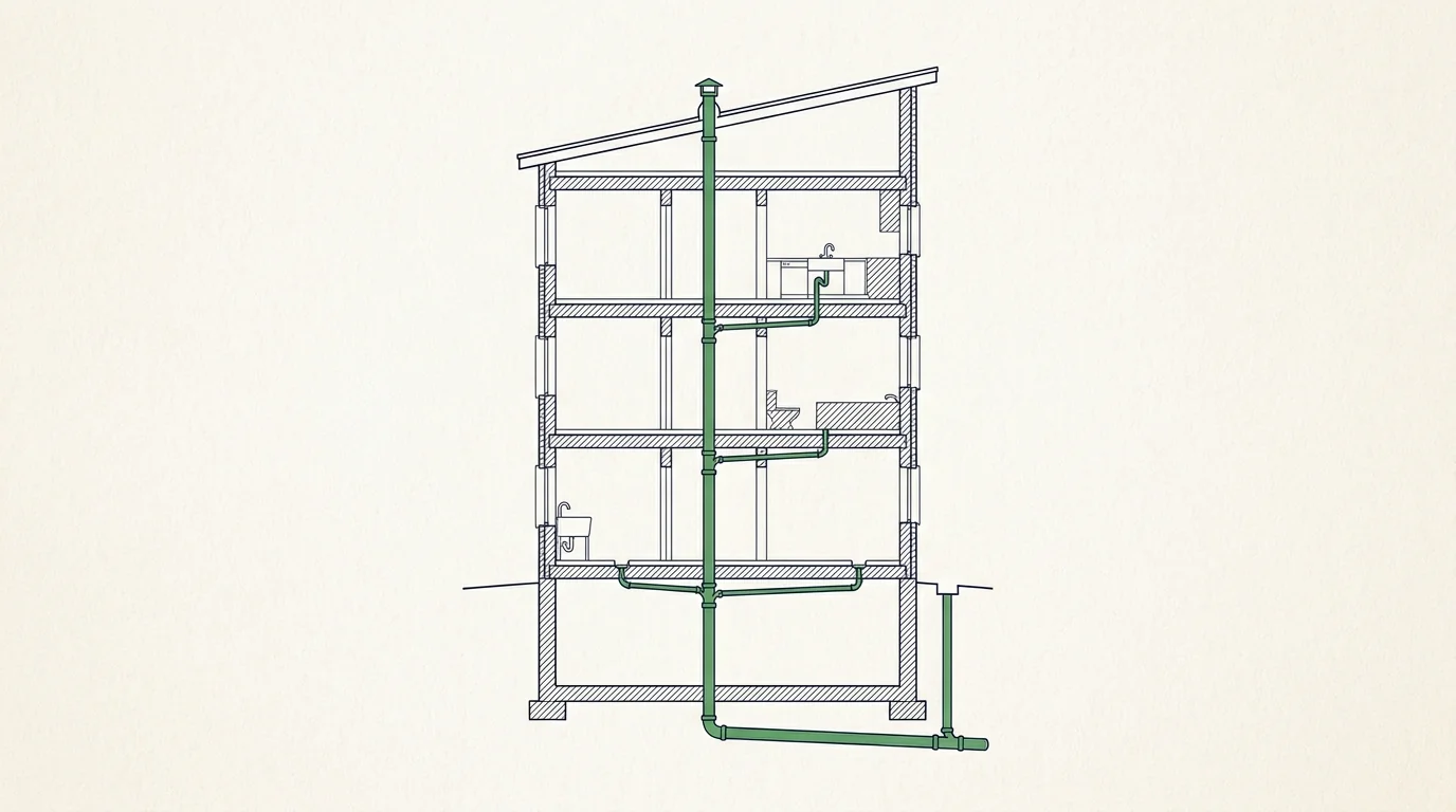 Illustration en coupe d'un immeuble : colonne de chute desservant tous les étages, du toit au collecteur enterré