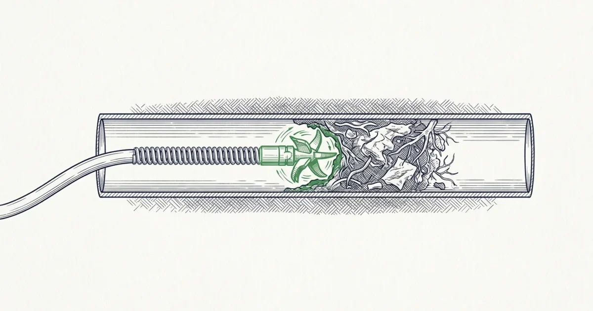Illustration en coupe : furet mécanique à tête rotative perçant un bouchon dans une canalisation