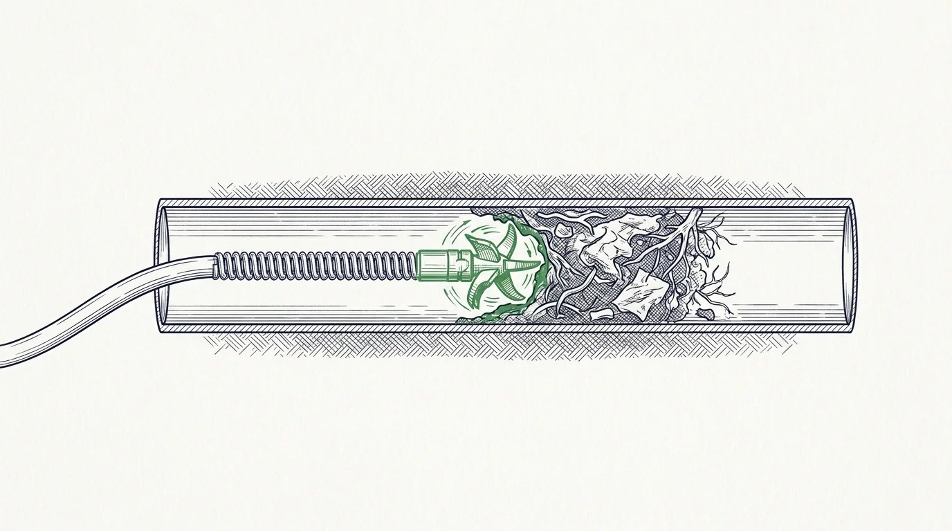 Illustration en coupe : furet mécanique à tête rotative perçant un bouchon dans une canalisation