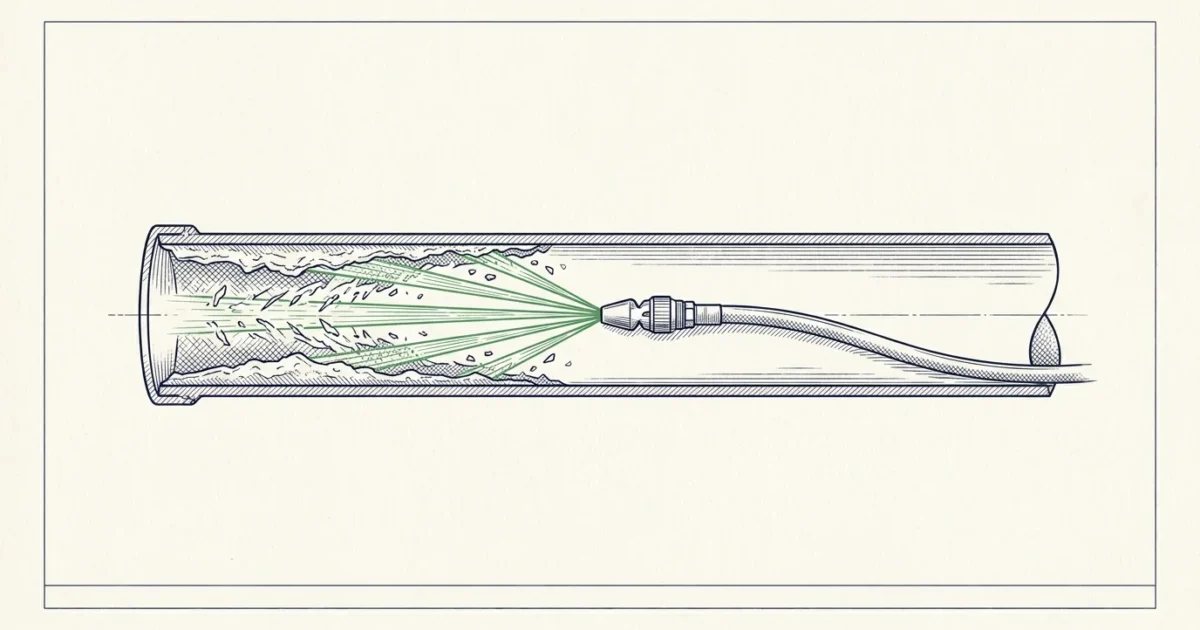 Illustration en coupe : buse d'hydrocurage haute pression décollant les dépôts de la paroi d'une canalisation