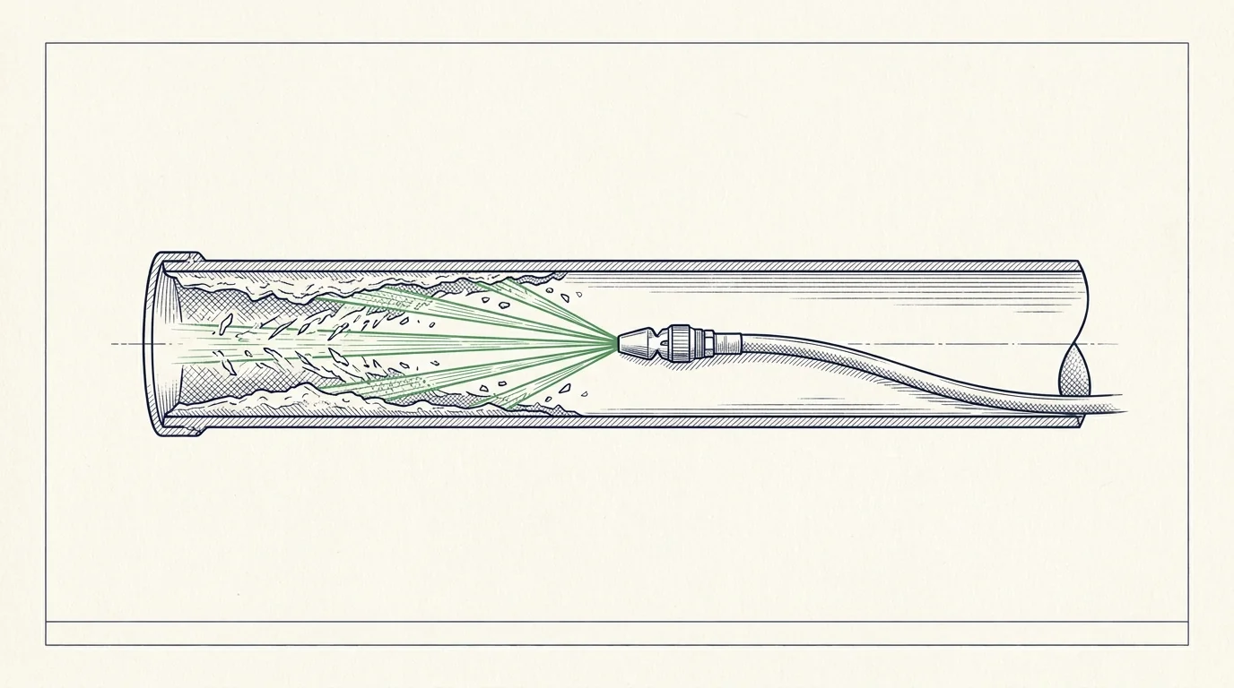 Illustration en coupe : buse d'hydrocurage haute pression décollant les dépôts de la paroi d'une canalisation
