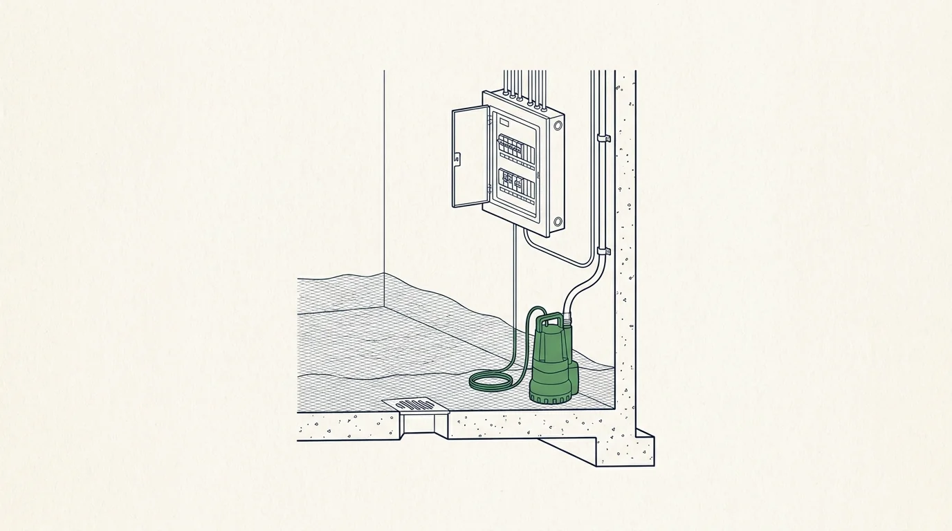Illustration en coupe : cave d'immeuble inondée, tableau électrique au sec et pompe submersible en action