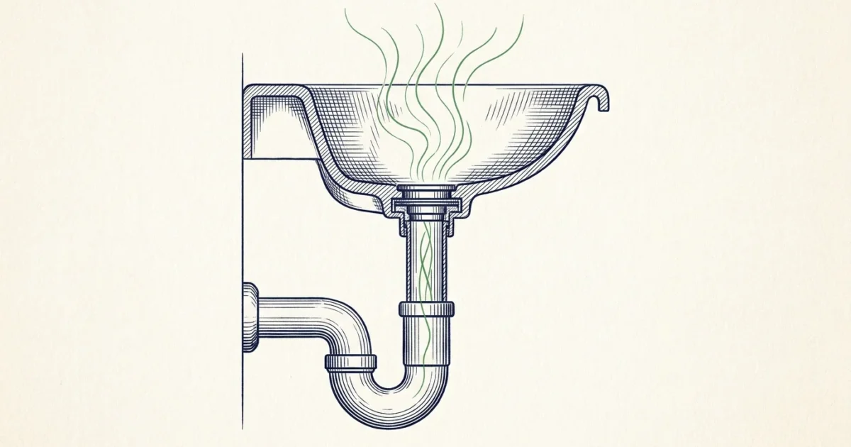 Illustration en coupe : siphon de lavabo sans garde d'eau laissant remonter les odeurs de canalisation