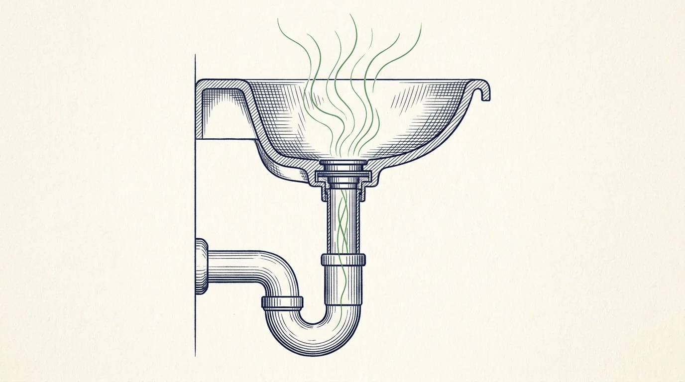 Illustration en coupe : siphon de lavabo sans garde d'eau laissant remonter les odeurs de canalisation