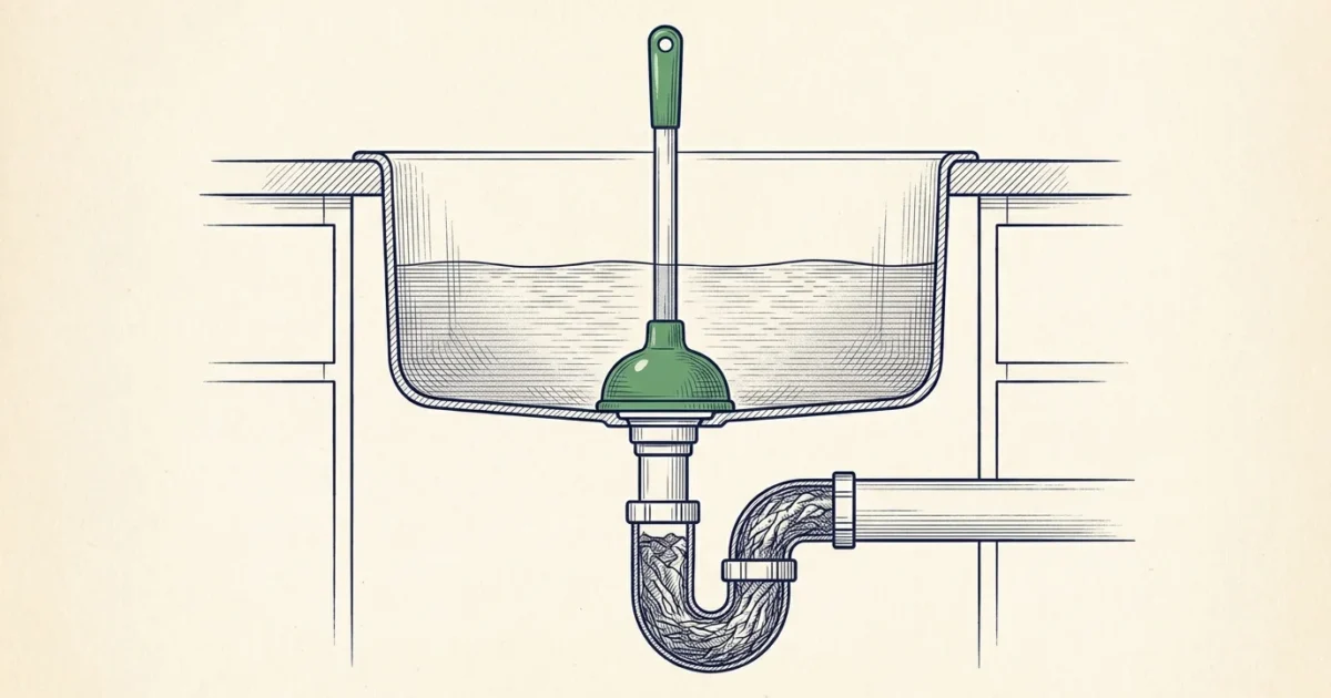 Illustration en coupe : évier rempli d'eau, ventouse manuelle sur la bonde et bouchon dans le siphon