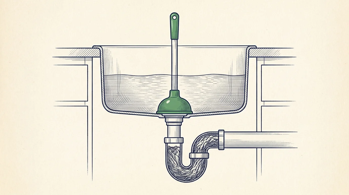 Illustration en coupe : évier rempli d'eau, ventouse manuelle sur la bonde et bouchon dans le siphon