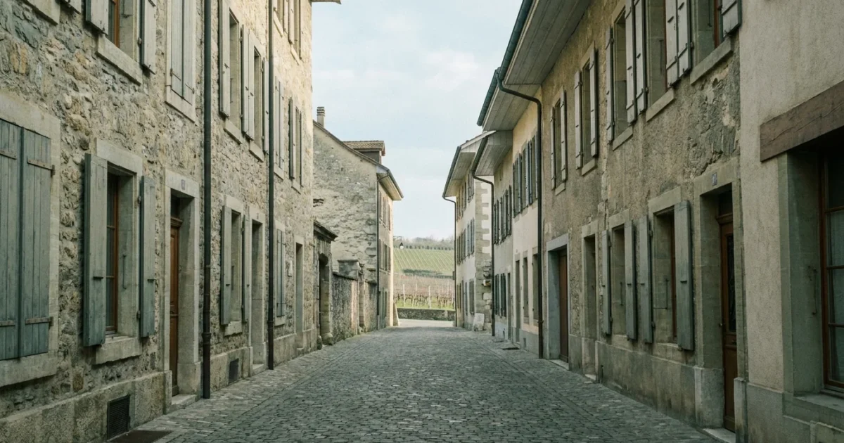 Ruelle pavée de la vieille ville d'Aubonne avec vignoble en arrière-plan