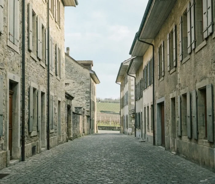 Ruelle pavée de la vieille ville d'Aubonne avec vignoble en arrière-plan
