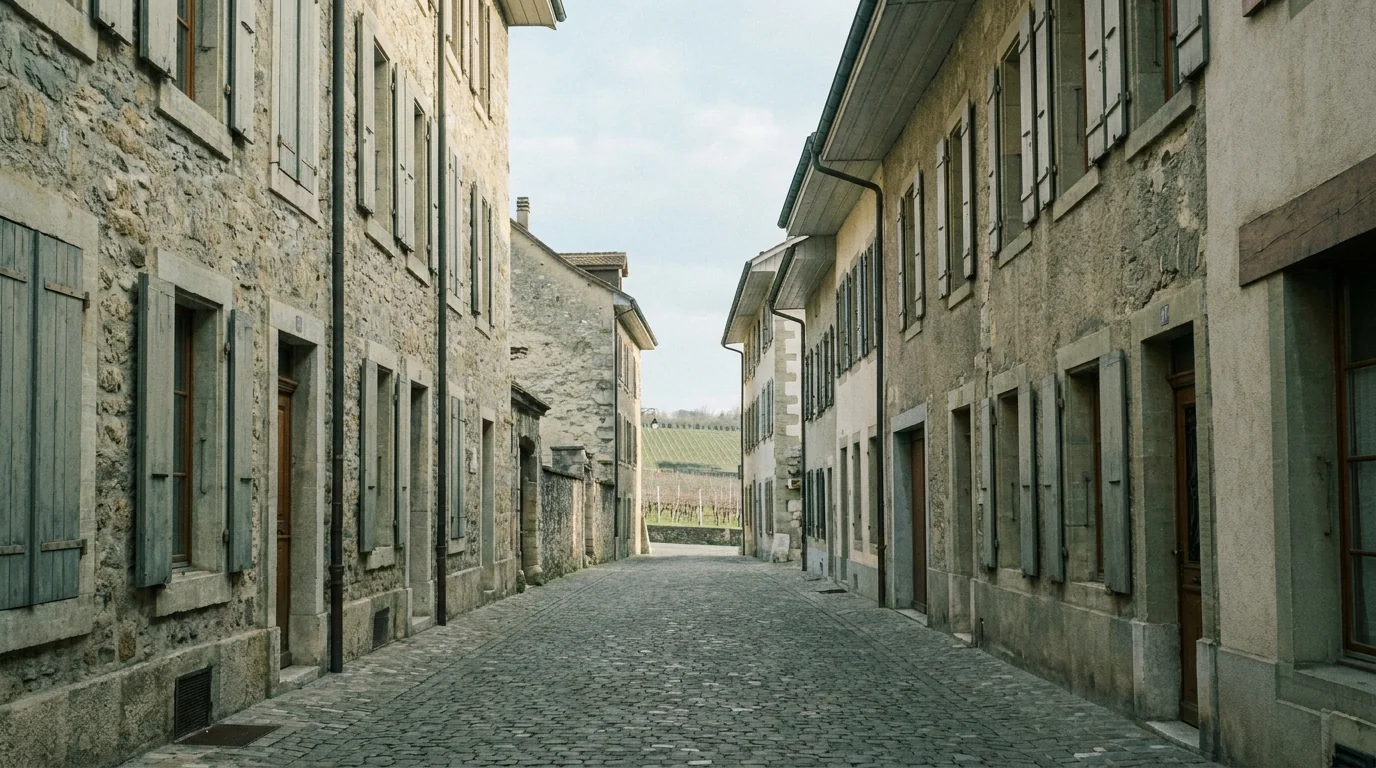 Ruelle pavée de la vieille ville d'Aubonne avec vignoble en arrière-plan