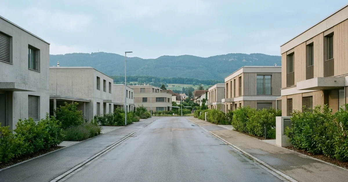 Quartier résidentiel moderne de Gland avec immeubles récents et le Jura en fond