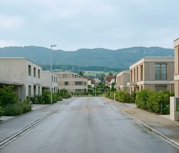 Quartier résidentiel moderne de Gland avec immeubles récents et le Jura en fond