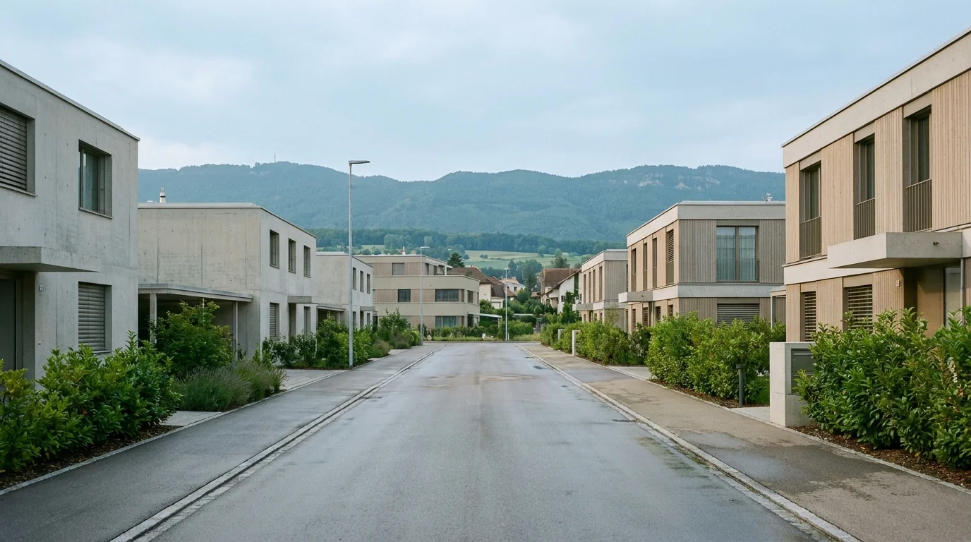 Quartier résidentiel moderne de Gland avec immeubles récents et le Jura en fond