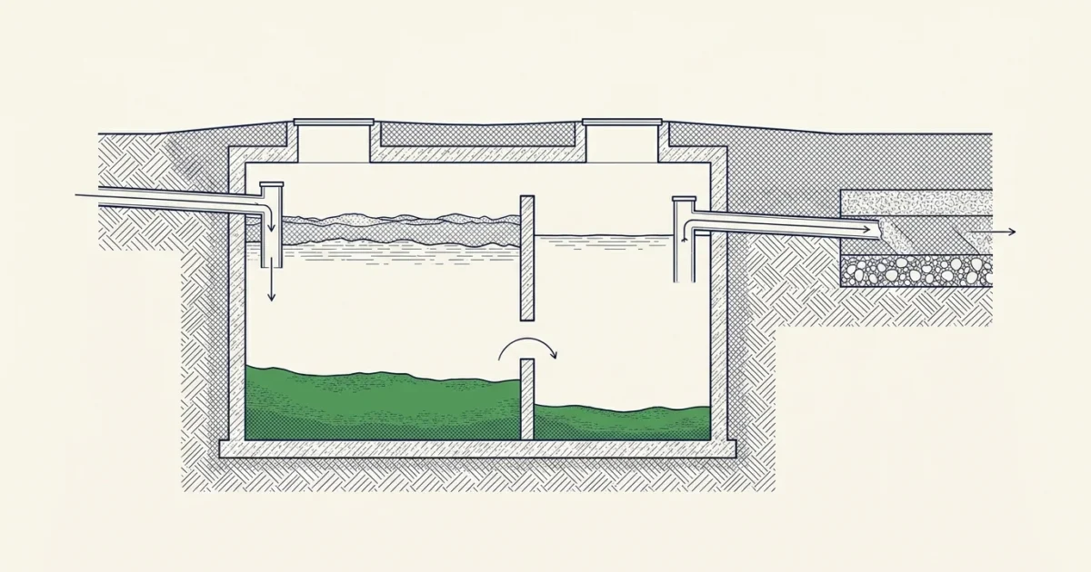 Illustration en coupe d'une fosse toutes eaux enterrée : écume en surface, eau clarifiée vers l'épandage, et couche de boues au fond à vidanger