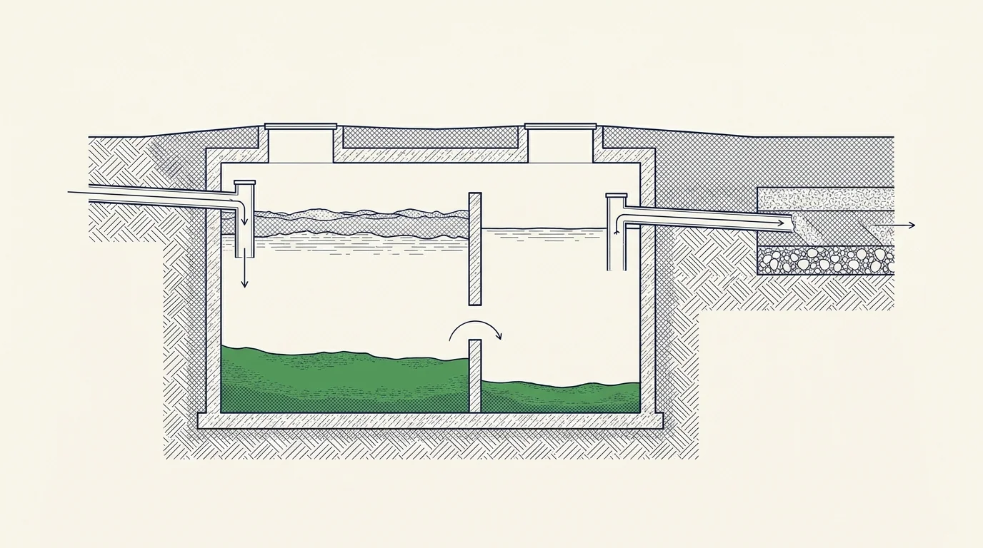 Illustration en coupe d'une fosse toutes eaux enterrée : écume en surface, eau clarifiée vers l'épandage, et couche de boues au fond à vidanger