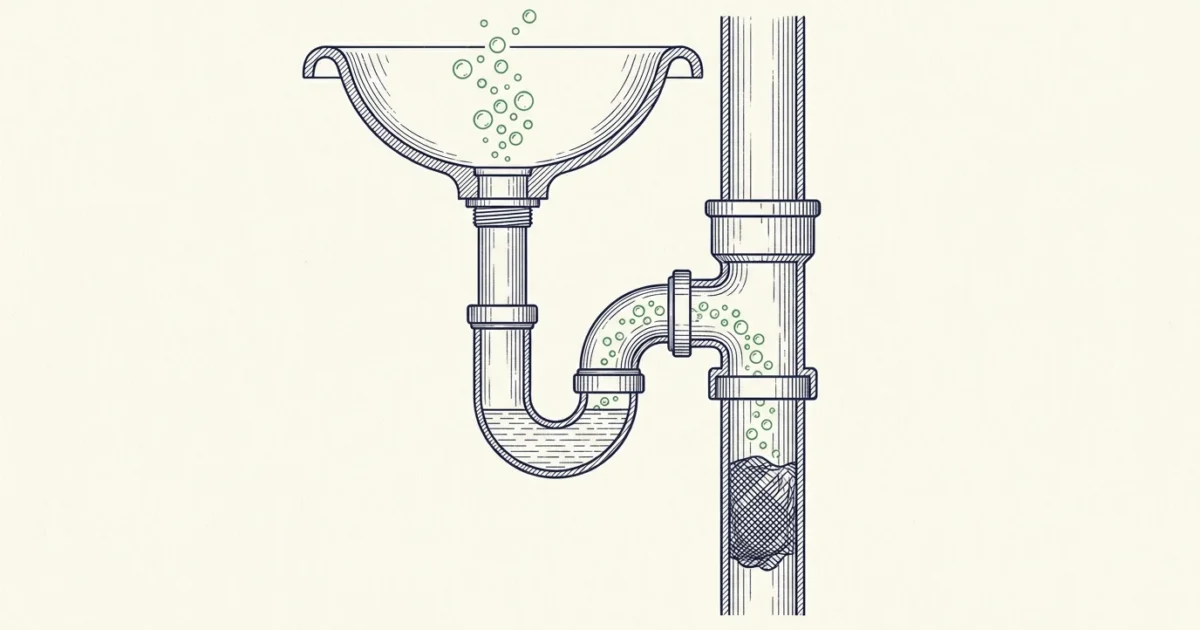 Illustration en coupe d'un siphon d'évier relié à une colonne de chute : bulles d'air aspirées à travers la garde d'eau à cause d'une dépression et d'un bouchon partiel