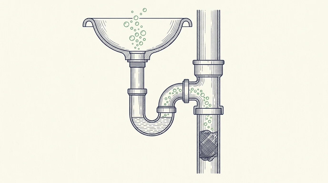 Illustration en coupe d'un siphon d'évier relié à une colonne de chute : bulles d'air aspirées à travers la garde d'eau à cause d'une dépression et d'un bouchon partiel