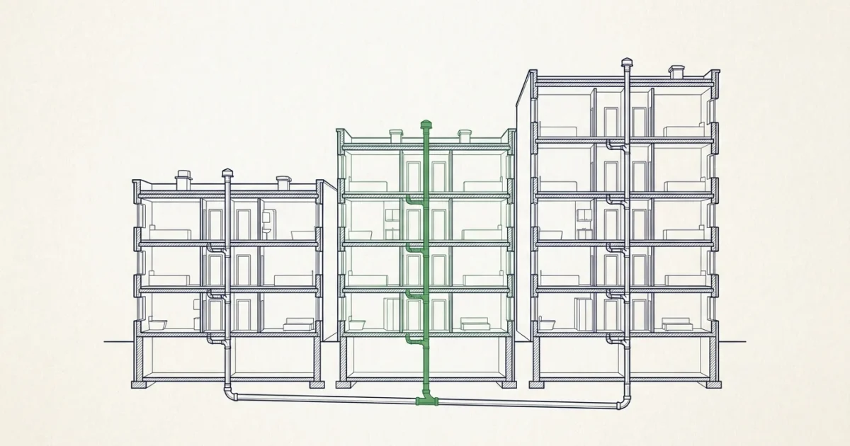 Illustration en coupe de trois immeubles d'un parc immobilier : une colonne de chute mise en avant, sous curage préventif planifié dans le cadre d'un contrat d'entretien