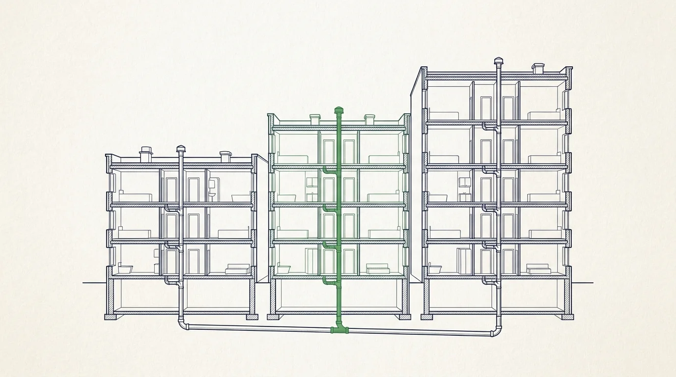 Illustration en coupe de trois immeubles d'un parc immobilier : une colonne de chute mise en avant, sous curage préventif planifié dans le cadre d'un contrat d'entretien