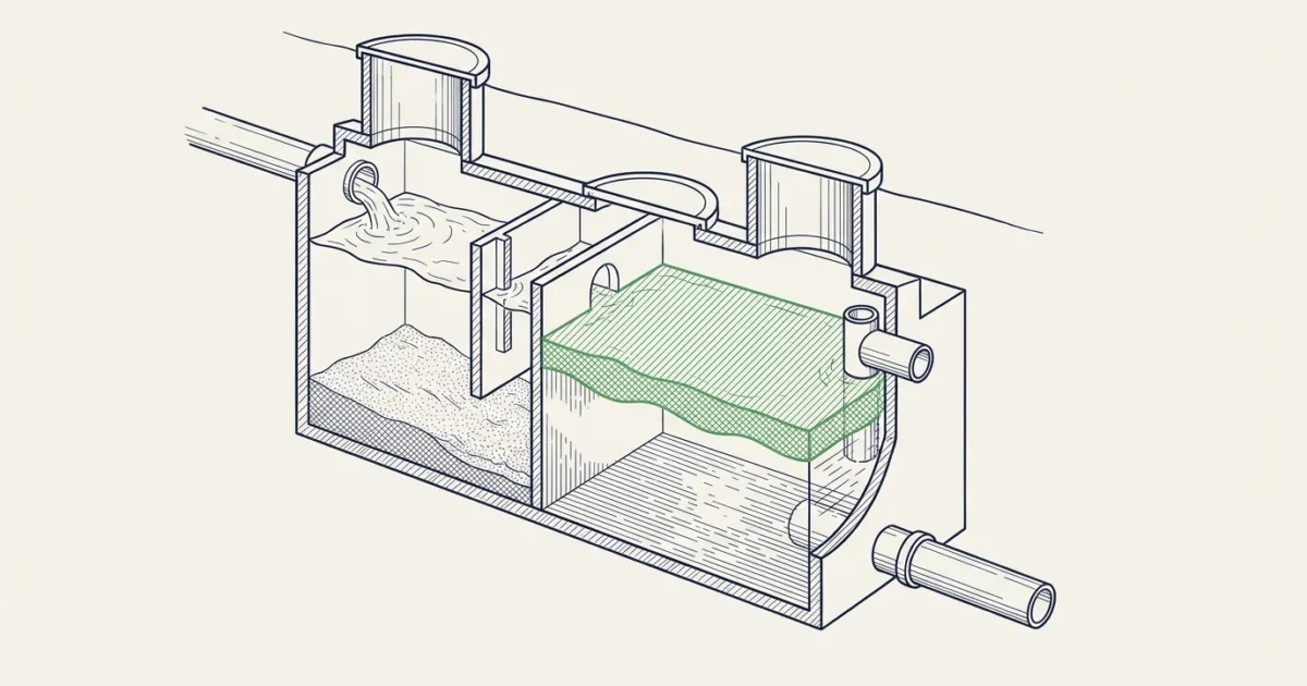 Illustration en coupe d'un séparateur à hydrocarbures : débourbeur retenant les boues et couche d'hydrocarbures flottante retenue en surface avant rejet de l'eau épurée