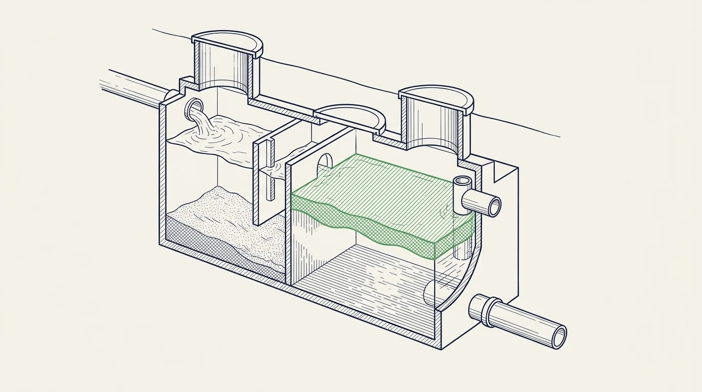 Illustration en coupe d'un séparateur à hydrocarbures : débourbeur retenant les boues et couche d'hydrocarbures flottante retenue en surface avant rejet de l'eau épurée
