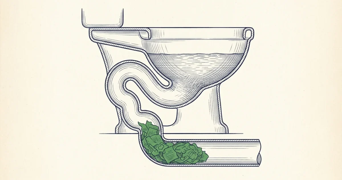Illustration en coupe d'un WC : bouchon de papier aggloméré coincé dans le siphon en S de la cuvette bloquant l'évacuation