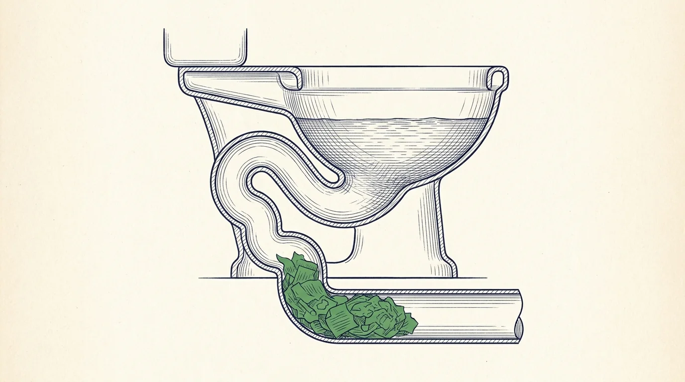 Illustration en coupe d'un WC : bouchon de papier aggloméré coincé dans le siphon en S de la cuvette bloquant l'évacuation