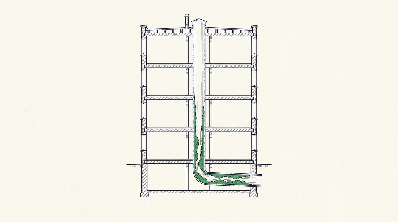Illustration en coupe d'un immeuble : colonne de chute verticale collectant les évacuations de chaque étage, dont la section utile se rétrécit aux étages bas à cause des dépôts de graisses, de tartre et de corrosion
