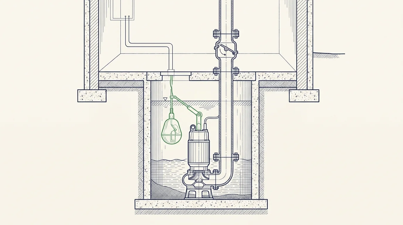 Coupe technique d'une fosse de relevage : pompe immergée au fond de la cuve, flotteur de déclenchement, clapet anti-retour et conduite de refoulement vers le collecteur